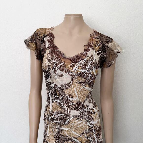 [Komarov] Brown Paisley Print V-Neck Fall Flutter Sleeve Midi Dress Sz Medium M - Picture 3 of 11
